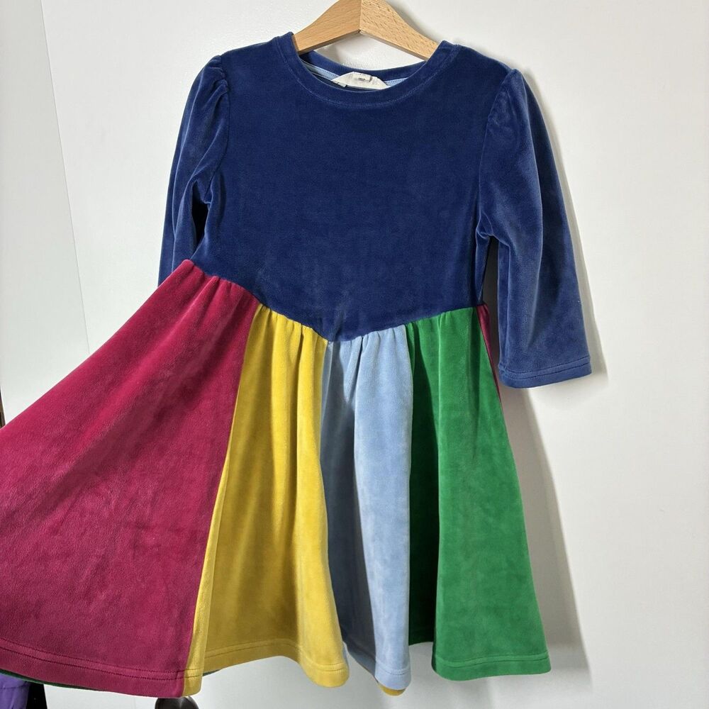 Mini Boden Dress Girls 5-6Y Multicolor Velour Colorblock Fit & Flare Party - Picture 2 of 14